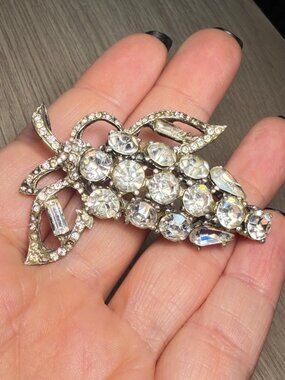 Vintage Rhinestone Grape Brooch Silver Tone Fruit Pin Statement Style 2" MISSING